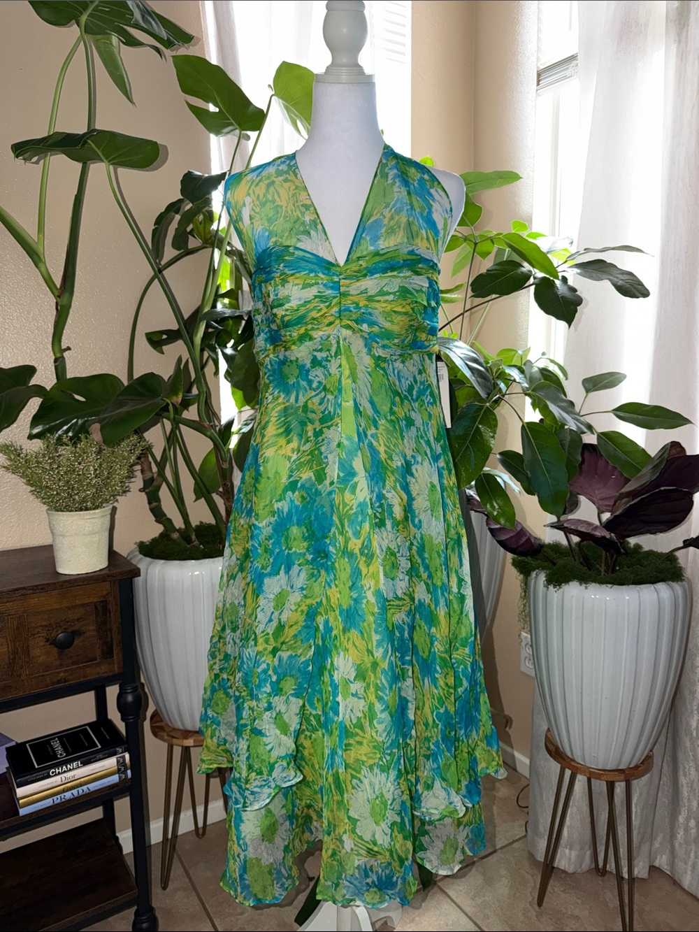 Donna Ricco Green & Blue Floral Halter V-Neck High-Low Dress